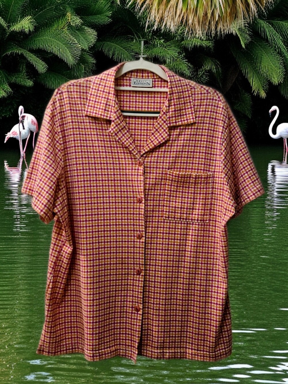 Classic Short-Sleeve Miniature Check Pattern Shirt in Vibrant Pink and Orange